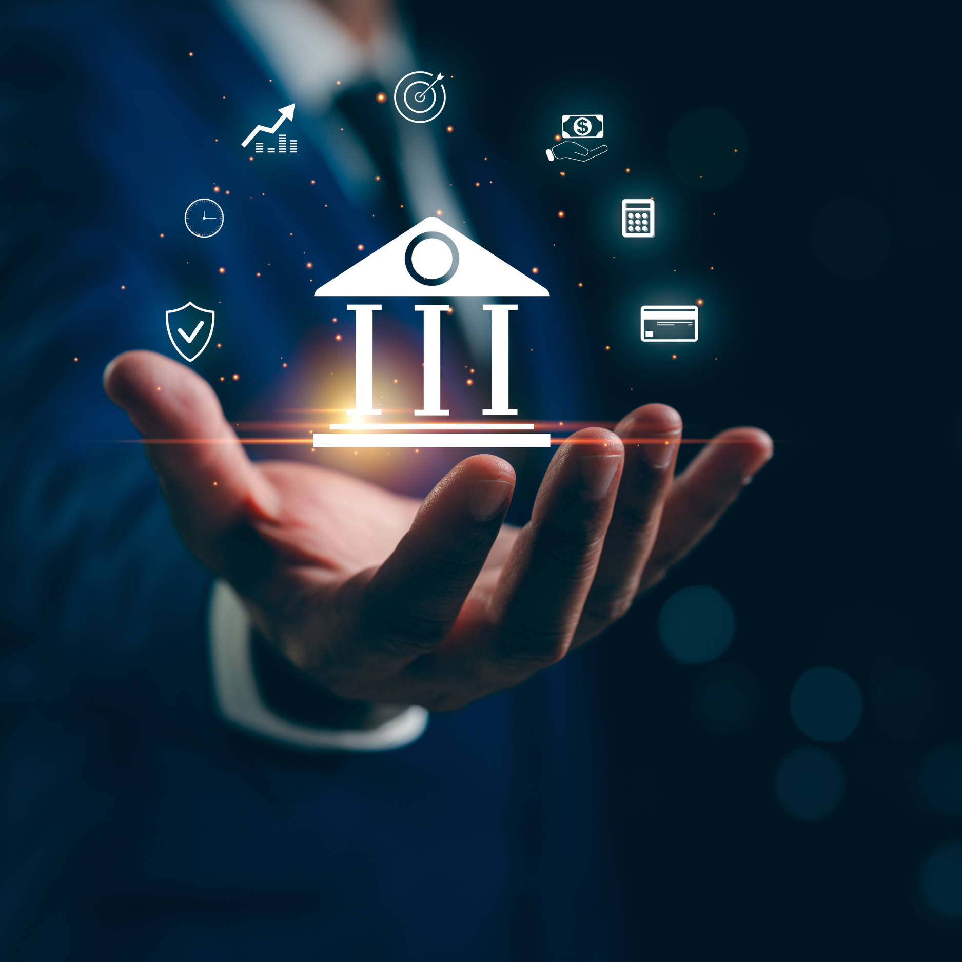 Hand holding a bank icon 