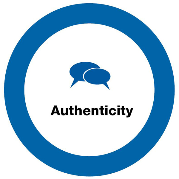 Blue circle "Authenticity" with talking bubbles